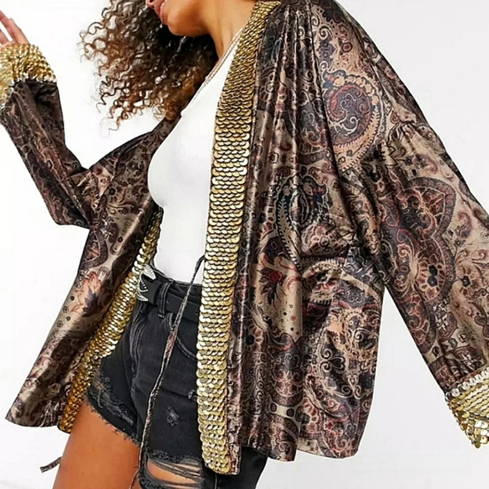 NWT🌹 Free People Layla Gold Embellished Velvet Silky Wrap Kimono Jacket, XS - Picture 2 of 13
